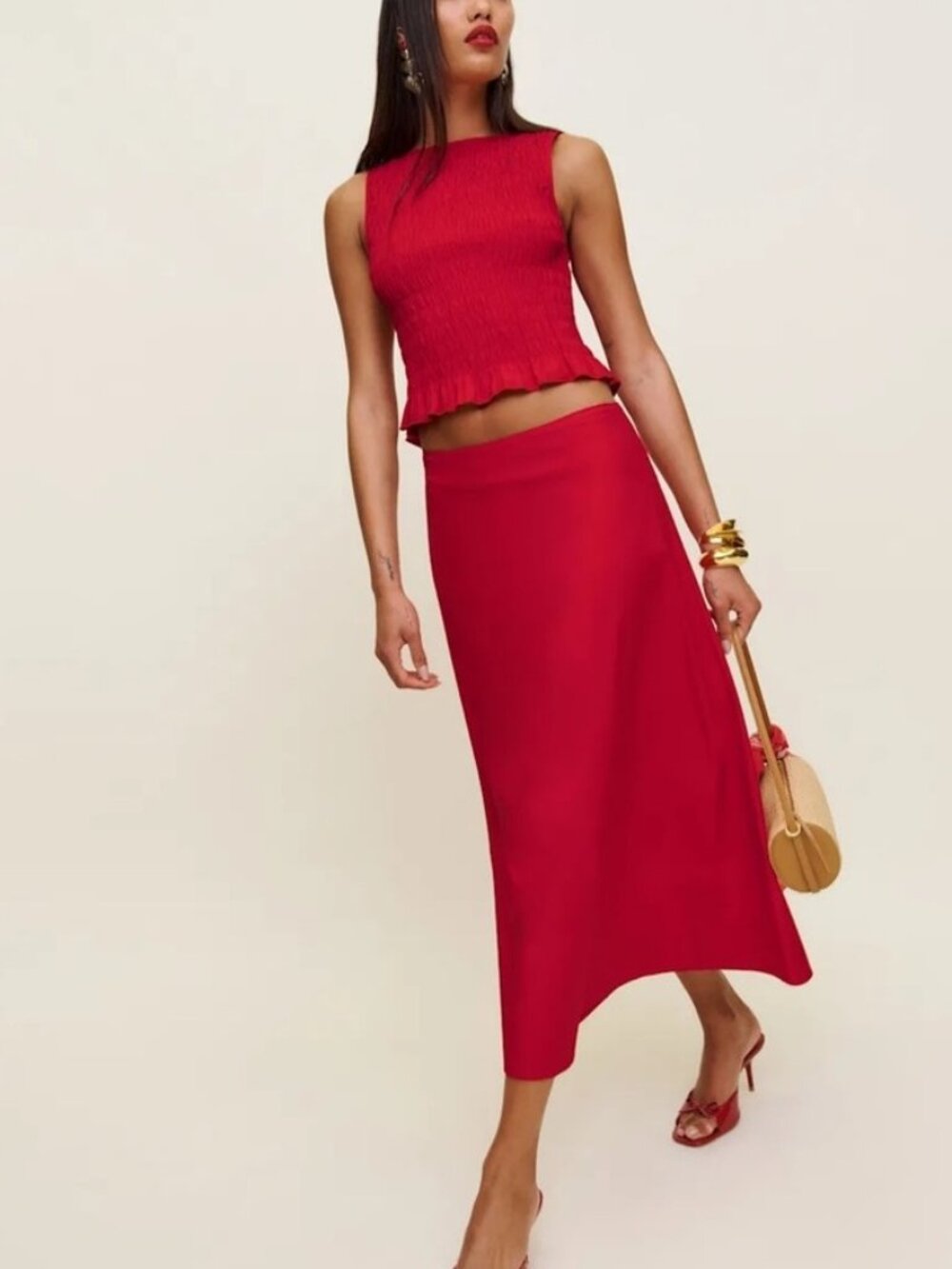NEW Reformation Laguna Two Piece Matching Midi Skirt Set Lipstick Red US 2 UK 4